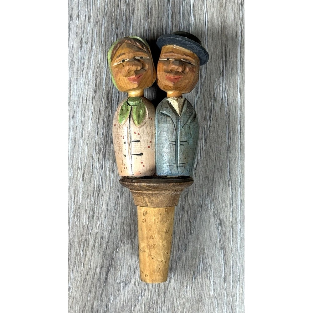 VTG ANRI Carved Wooden Mechanical Cork Wine Bottle Stopper